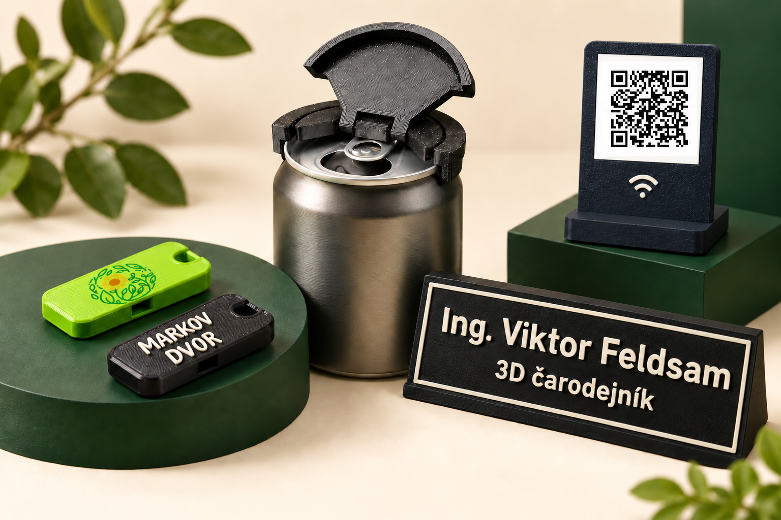 Personalizované píšťalky Markov Dvor, krytka na plechovku, menovka Ing. Viktor Feldsam – 3D čarodejník a QR stojan